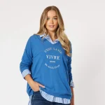 Stylish Blue Knit Pullover With Striped Collar Detail